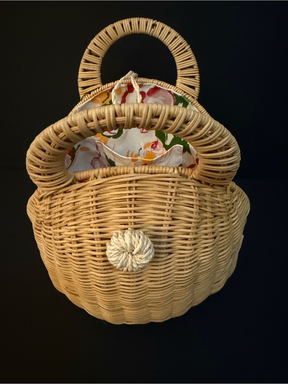 CULT GAIA Round Wicker purse w/ Handle, Floral Lined.